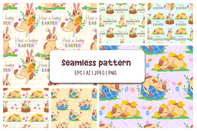 Seamless pattern with cute Easter cat with bunny ears