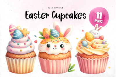 Easter Cupcakes Watercolor Bundle |PNG cliparts