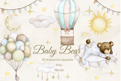 Baby Bear Dreams. Set Watercolor PNG.