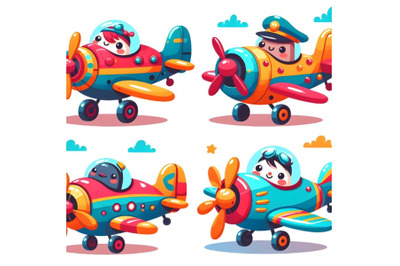 Set of Funny Vector Colorful Airplanes