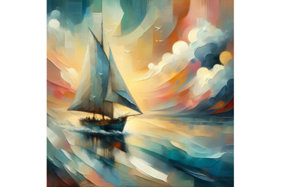 oil paintings with boat, sail on sea