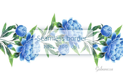 Floral decorative seamless border with blue peony flowers