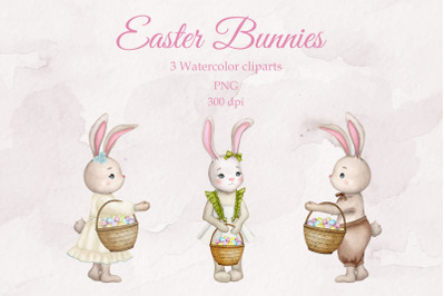 Easter bunnies. Watercolor set. PNG
