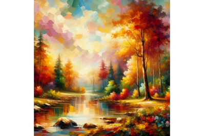 Oil painting landscape - colorful autumn forest