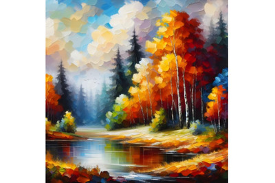 Oil painting landscape - colorful autumn forest