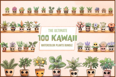100 Kawaii Plant Clipart Mega Bundle Cute PNG Watercolor Pot