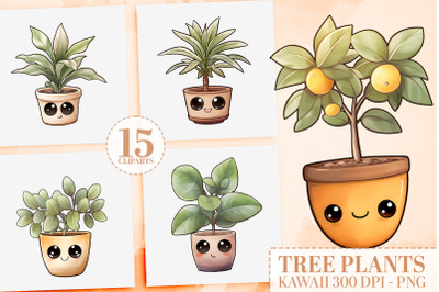 Kawaii Tree Plant Cliparts - 15 Cute Watercolor Plants PNG