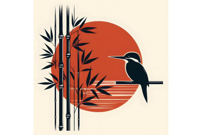 Bird silhouette and bamboo on sunset