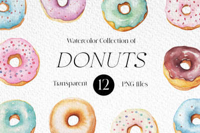 Donuts Watercolor Clipart Bundle, PNG, Donuts Elements, Food Clipart