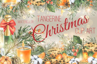 Christmas new year tangerine watercolor clip art