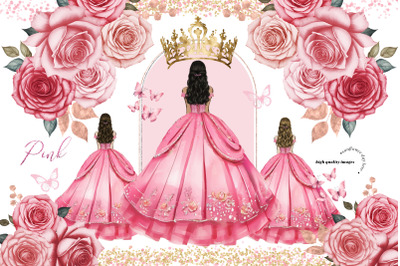 Elegant Pink Princess Dresses Quinceaera, Pink Flowers Clipart