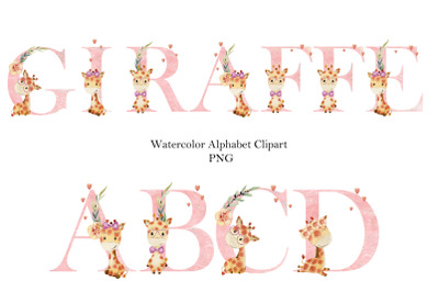 Watercolor Alphabet with Giraffes.