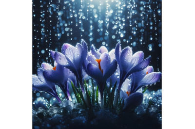 Spring flowers of blue crocuses in drops of water