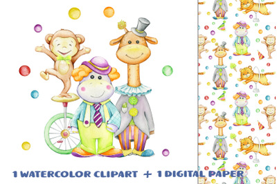 Circus watercolor, animals clipart, Carnival clip art, digital paper.