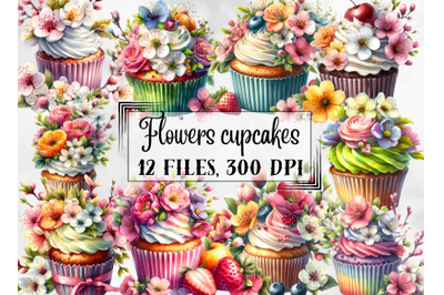 Cupcake clipart, spring flowers cakes