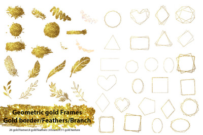 Geometric golden frames, golden texture, branch, feathers SVG