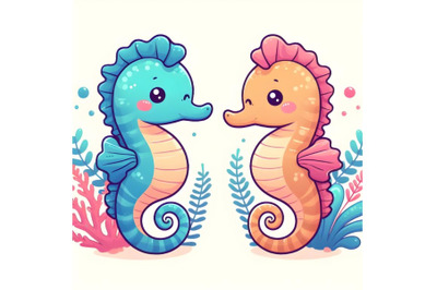 Cute sea horses - vector illustration