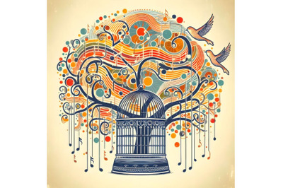 Birdcage on abstract musical tree