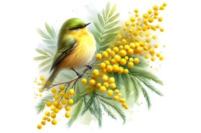 Sprig of Mimosa and Yellow Bird