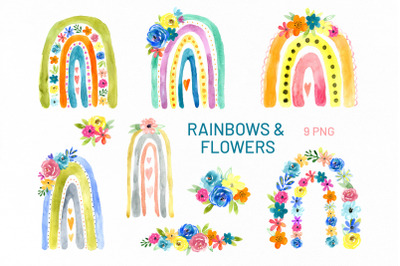 Bright Watercolor Rainbows &amp; Flowers