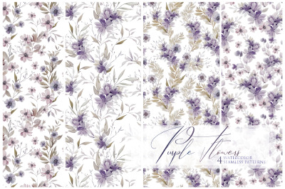 4 Watercolor Purple Seamless Flowers