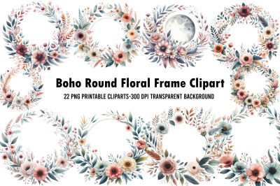 Boho Round Floral Frame Clipart
