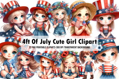 Watercolor 4ft Of July Cute Girl Clipart