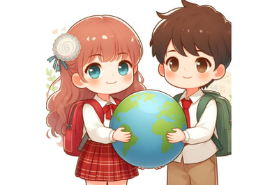 A girl and a boy holding a globe