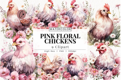 Watercolor Pink Floral Chickens Clipart
