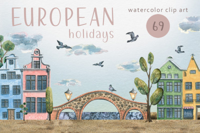 Old European houses watercolor clipart