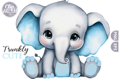 Cute Elephant  with Blue Ears Watercolor PNG and Vector Files