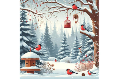 red birdfeeder and bullfinches