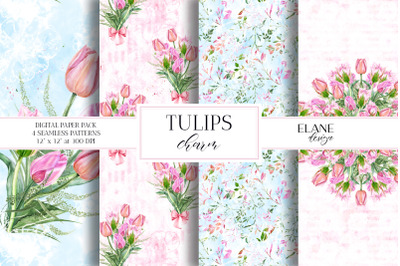 Tulips Digital Paper, Pink Spring Flowers Digital Background