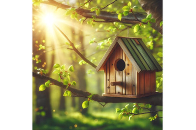 Bird house on spring tree with green leaves