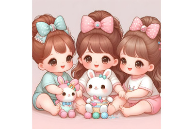 cute baby girls with toy bunnies