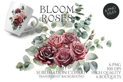 Bloom Roses Bouquets Flowers Clipart. PNG. Sublimation desing