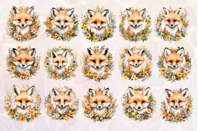 Baby Fox in Wildflower Wreath Clipart Bundle
