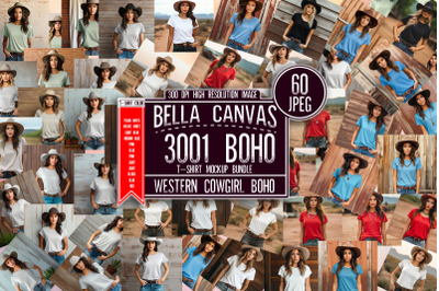 Bella Canvas 3001 Boho T-Shirt Mockup Bundle,Western Cowgirl Boho