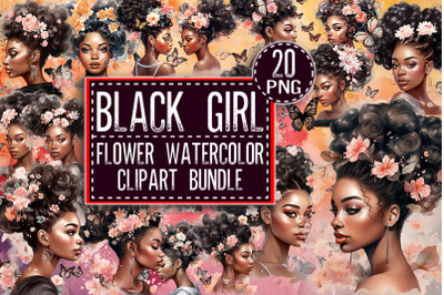 Black Girl Flower Watercolour Clipart Bundle