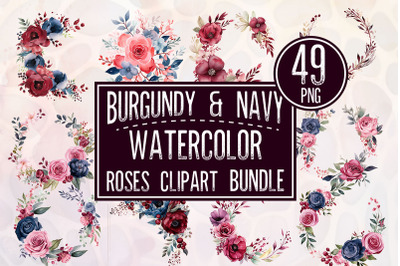 Burgundy &amp; Navy Watercolor Roses Clipart