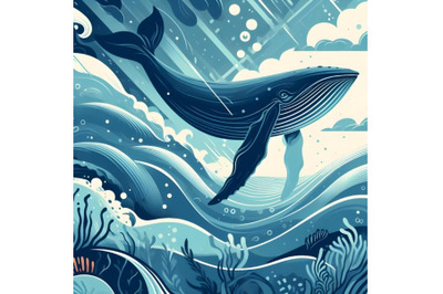 Blue Whale in ocean minimalist flat color