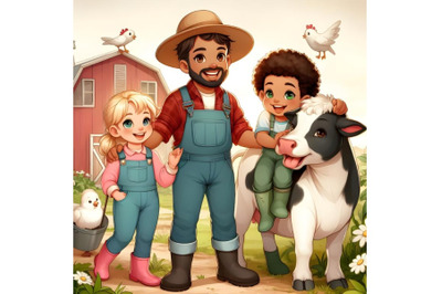 happy farmer and kids