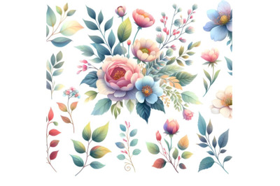 Colorful floral collection with leaves