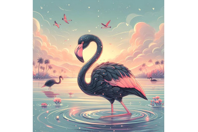 Black flamingo floating on the water