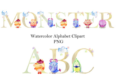 Watercolor alphabet with monsters.