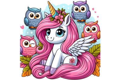 Unicorn with pink hair and five owls