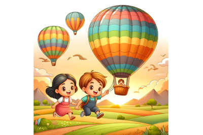 kids riding a hot air balloon