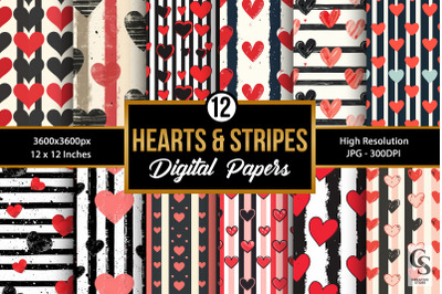 Hearts and Stripes Digital Paper Patterns