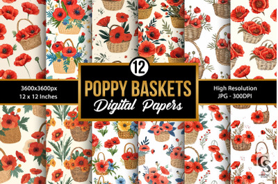 Poppy Flowers Baskets Seamless Patterns
