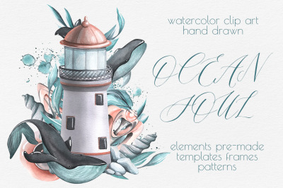 Sea whales lighthouse sea clip art watercolor
